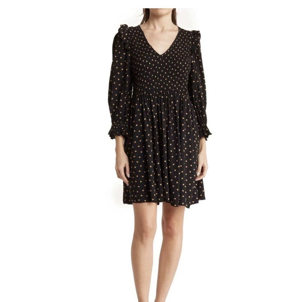 Women’s Madewell Lucie V Neck Smocked Mini Dress black & gold Dots Extra Small